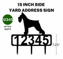An addres sign with a miniature schnauzer dog and 3 stakes for mounting on a lawn.