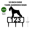 An addres sign with a miniature schnauzer dog and 3 stakes for mounting on a lawn.