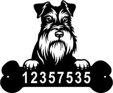 Miniature Schnauzer Head and Dog Bone Sign with Custom Name or Numbers The Metal Peddler