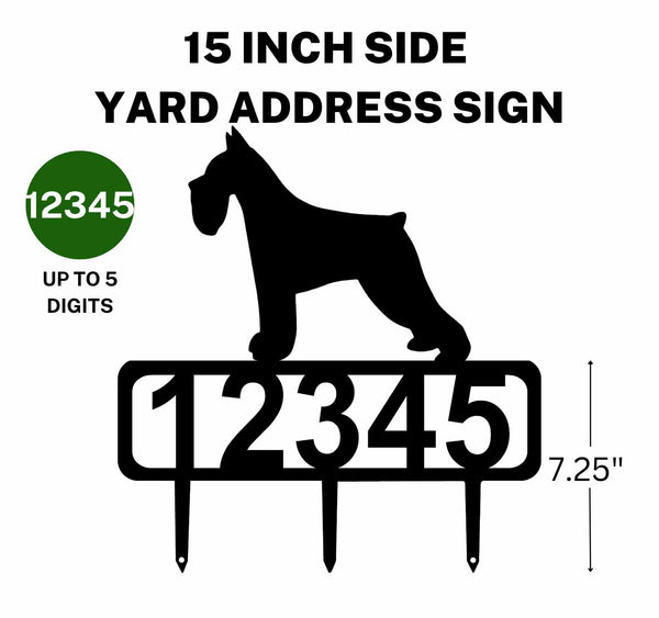 15-inch Miniature Schnauzer address sign featuring up to 5 customizable numbers and three stakes at the bottom for easy lawn mounting.