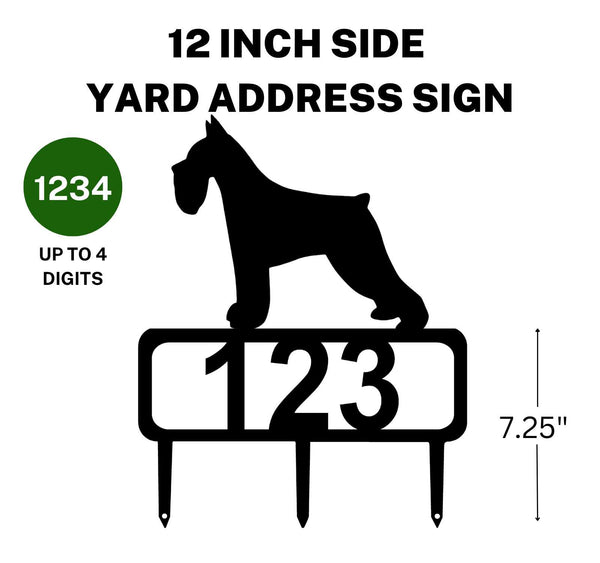 12-inch Miniature Schnauzer address sign featuring up to 4 customizable numbers and three stakes at the bottom for easy lawn mounting.