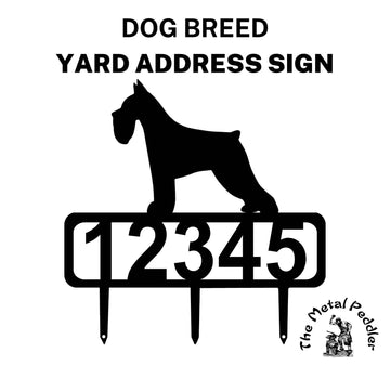 Miniature Schnauzer address sign featuring customizable numbers and three stakes at the bottom for easy lawn mounting.