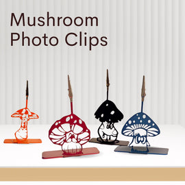 Mushroom-shaped photo clips in various colors on a white background with text 'Mushroom Photo Clips'.