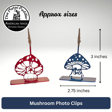 Mushroom photo clips with dimensions and 'The Metal Peddler' branding on a gray background.