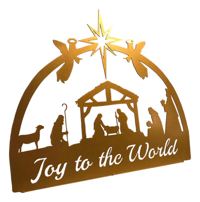 Decorative nativity scene with 'Joy to the World' text on a white background