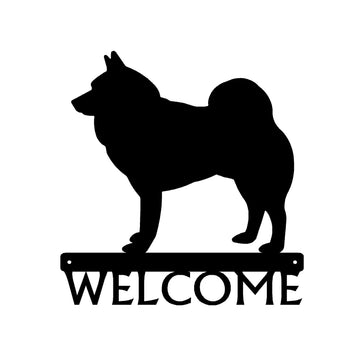 Norwegian Elkhound Dog Silhouette on a bar with the word welcome below -Welcome Sign or Custom Name Sign