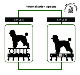 Poodle  Dog Leash Holders with 2 different name styles, one above the 5 hooks and one cut into the hook bar.