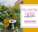 Garden with flowers, bird bath, and 'Pollinator Garden' sign in front of a building.