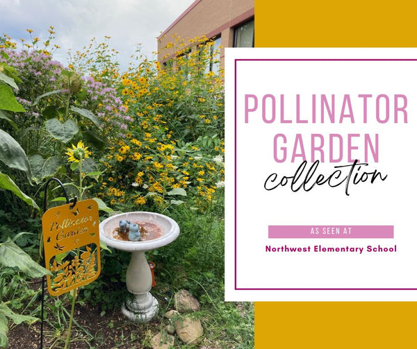 Garden with flowers, bird bath, and 'Pollinator Garden' sign in front of a building.