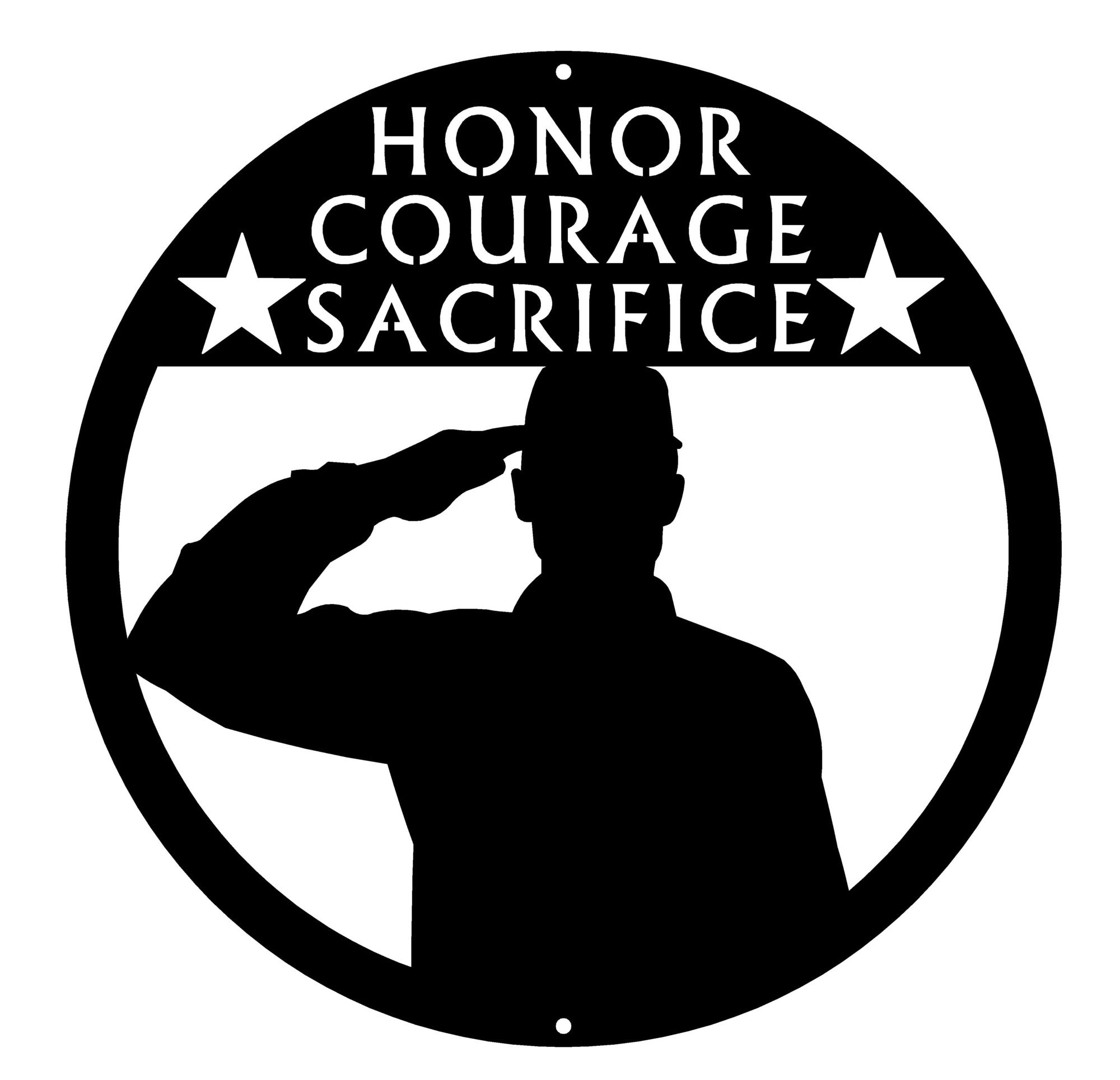 Round Saluting Soldier - Honor Courage Sacrifice Wall Art Sign - The Metal Peddler Wall Art armed forces, army, dad, hero, military, round signs, signs, soldier, veteran, wall art, wall decor