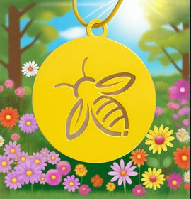 A yellow metal disc with a cut out design of a honeybee. 