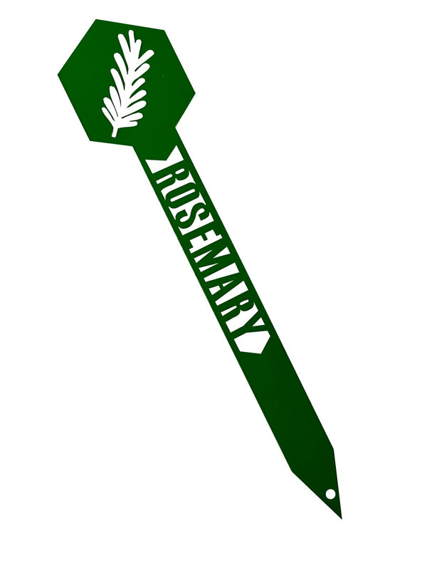 A green garden stake labeled 'ROSEMARY' with a delicate cut-out design of a rosemary leaf.