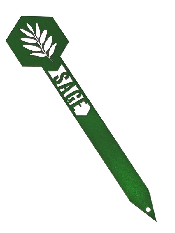 A green garden stake labeled 'SAGE' with a delicate cut-out design of a sage leaf.