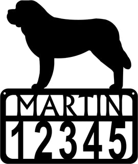 An address and name sign with a silhouette of a St Bernard dog