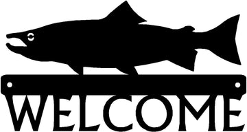  Salmon Silhouette on a bar with the word welcome below- Salmon Fish Welcome Sign