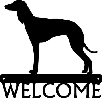 Saluki Dog Silhouette on a bar with the word welcome below 