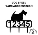 An addres sign with a Scottish terrier dog and 3 stakes for mounting on a lawn.