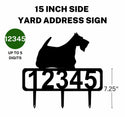 A 15-inch Scottish Terrier address sign featuring up to 5 customizable numbers and three stakes at the bottom for easy lawn mounting.