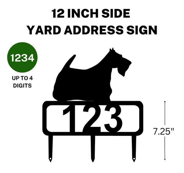 A 12-inch Scottish Terrier address sign featuring up to 4 customizable numbers and three stakes at the bottom for easy lawn mounting.