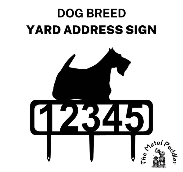 Scottish Terrier address sign featuring customizable numbers and three stakes at the bottom for easy lawn mounting.