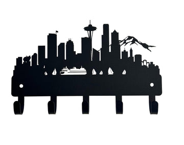 Seattle Washington city skyline with Space Needle, mountains and ships, silhouette cut from metal with 5 hooks for hanging keys