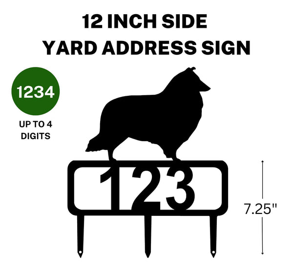 12-inch Sheltie address sign featuring up to 4 customizable numbers and three stakes at the bottom for easy lawn mounting.