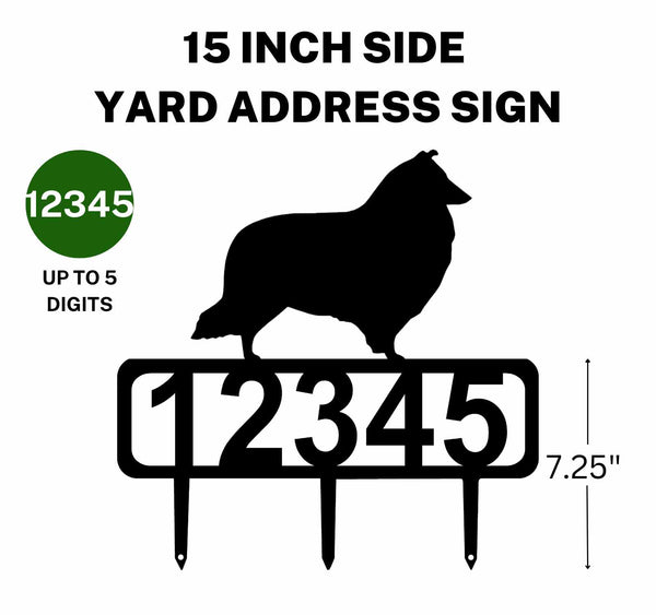 A 15-inch Sheltie address sign featuring up to 5 customizable numbers and three stakes at the bottom for easy lawn mounting.