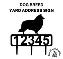 Sheltie address sign featuring customizable numbers and three stakes at the bottom for easy lawn mounting.