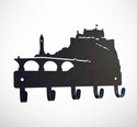 Black metal wall hook rack shaped like a city skyline with a castle and bridge silhouette, shown on a plain white background.