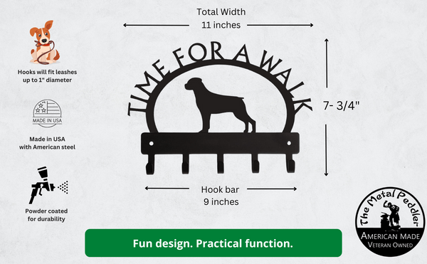 Infograph shows the overall dimensions of the rottweiler leash hanger are 11 inches wide and 7.75 inches high. Made in the USA with American steel. Powder coated for durability. Hooks will fit leashes up to 1 inch diameter.