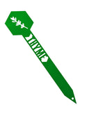 A green garden stake labeled 'THYME' with a delicate cut-out design of a thyme leaf.