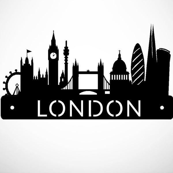 Black silhouette wall art of the London skyline with the word 'LONDON' in large white letters across the bottom, shown on a plain white background.