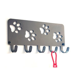 Long Rectangle with 4 dog paw prints cut out-Key Rack/ Leash Hanger with 5 hooks