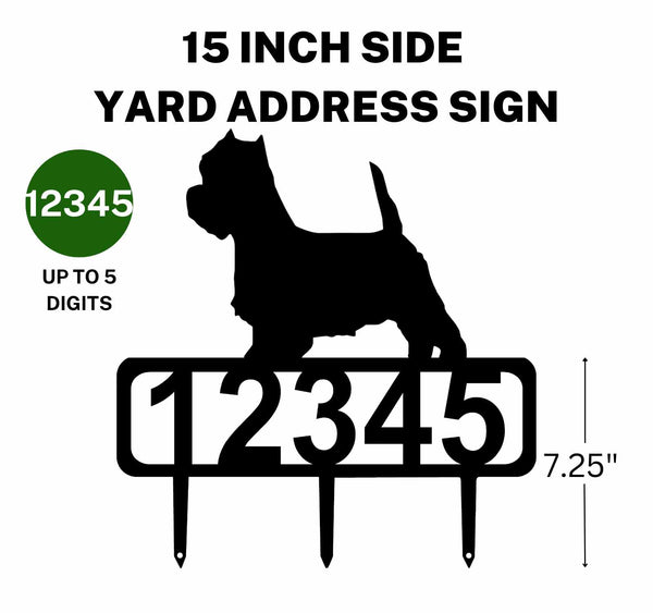 A 15-inch Westie address sign featuring up to 5 customizable numbers and three stakes at the bottom for easy lawn mounting.