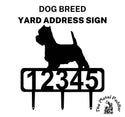 Westie address sign featuring customizable numbers and three stakes at the bottom for easy lawn mounting.