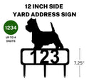 A 12-inch Westie address sign featuring up to 4 customizable numbers and three stakes at the bottom for easy lawn mounting.