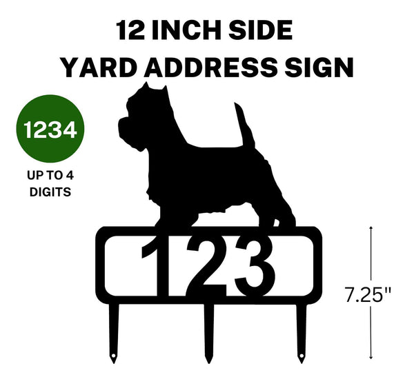 A 12-inch Westie address sign featuring up to 4 customizable numbers and three stakes at the bottom for easy lawn mounting.