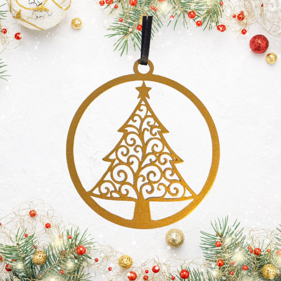 Decorative Christmas tree ornament with intricate cut-out design on a white background with festive decorations.