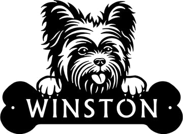 Yorkshire Terrier Head and Dog Bone Sign with Custom Name or Numbers