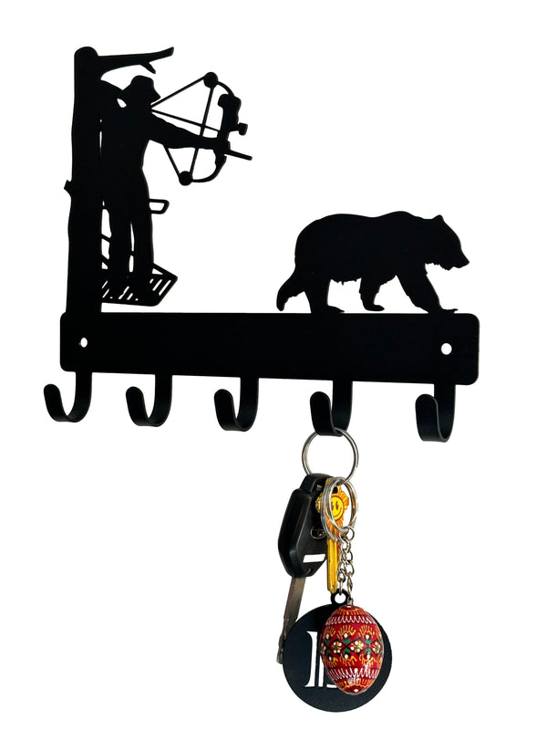 Archery hunter in tree stand aimed at bear-Key Rack/ Leash Hanger with 5 hooks
