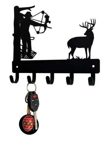 Archery hunter in tree stand aimed at buck-Key Rack/ Leash Hanger with 5 hooks