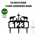 A 12-inch cowboy and cowgirl kneeling "At the Cross" address sign featuring up to 4 customizable numbers and three stakes at the bottom for easy lawn mounting.