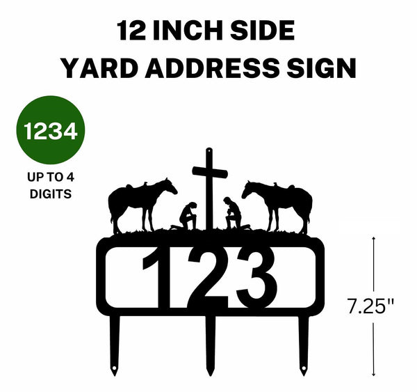 A 12-inch cowboy and cowgirl kneeling "At the Cross" address sign featuring up to 4 customizable numbers and three stakes at the bottom for easy lawn mounting.