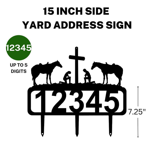 An address sign with a cowboy, cowgirl kneeling at a cross, with 2 horses behind them. 