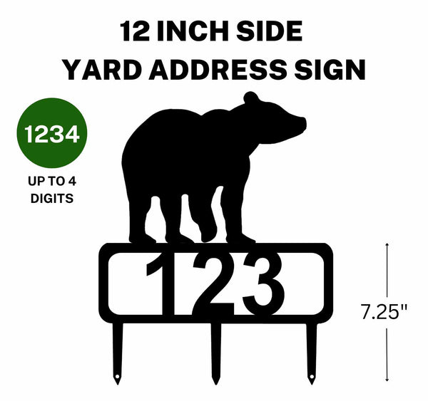 A 12-inch Bear address sign featuring up to 4 customizable numbers and three stakes at the bottom for easy lawn mounting.