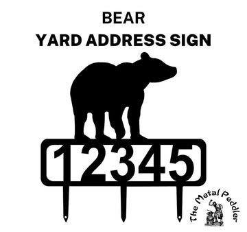 A Bear address sign featuring customizable numbers and three stakes at the bottom for easy lawn mounting.