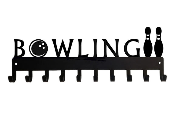 A medal hanger that says Bowling. The O is cut like a bowling ball and it has 2 pins designed at the end. It has 10 hooks for hanging medals.