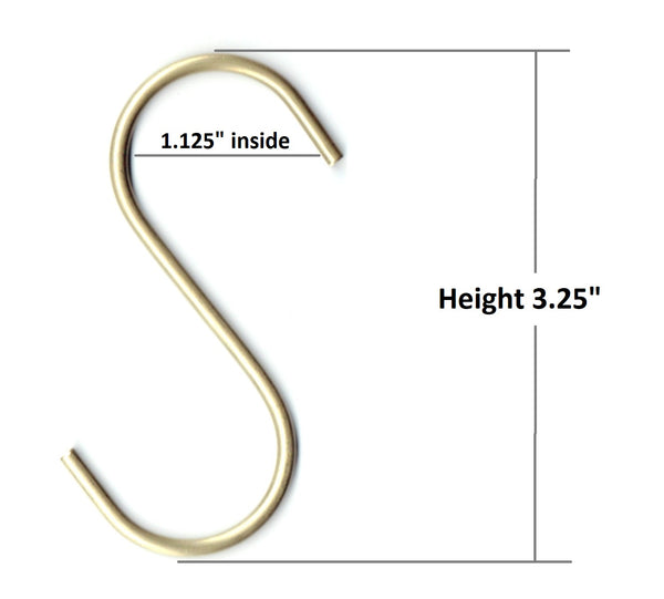 Brass S Hook that is 3.25" height and 1.125" inside the curve
