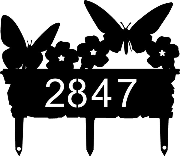 Customizable address numbers with 3 garden stakes to put in the ground- 2 butterflies and 3 flower heads adorn the top