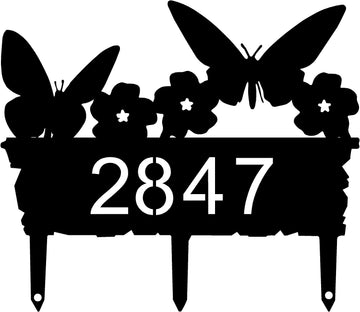  cut out address numbers and 3 stakes to put in the ground- 2 butterflies and 3 flower heads adorn the top